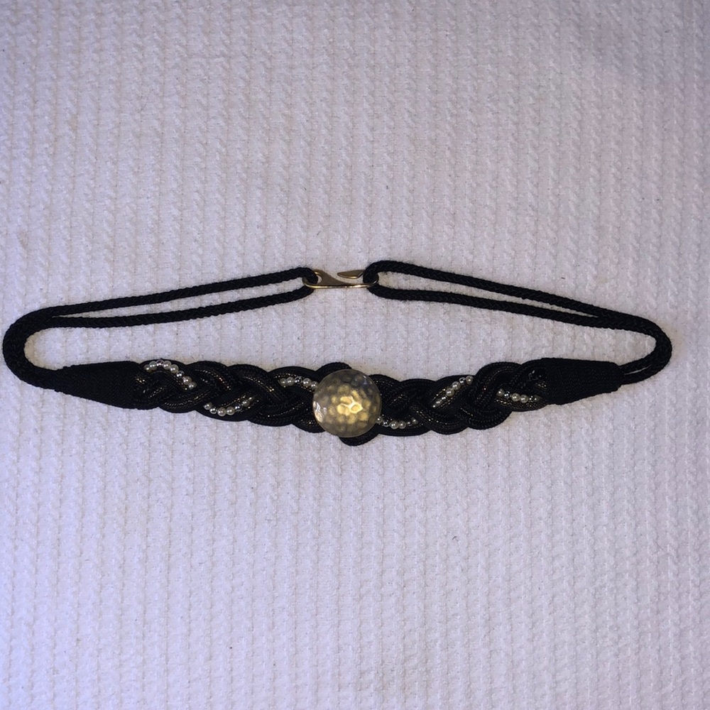Black Braided Belt Featuring Pearls, Beads And Gold Details